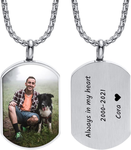 VNOX Personalized Customizable Photo Text Cremation Urn Necklace for Ashes Holder Dog Tag Pendant Family Pet Memorial Keepsake Jewelry for Men Women