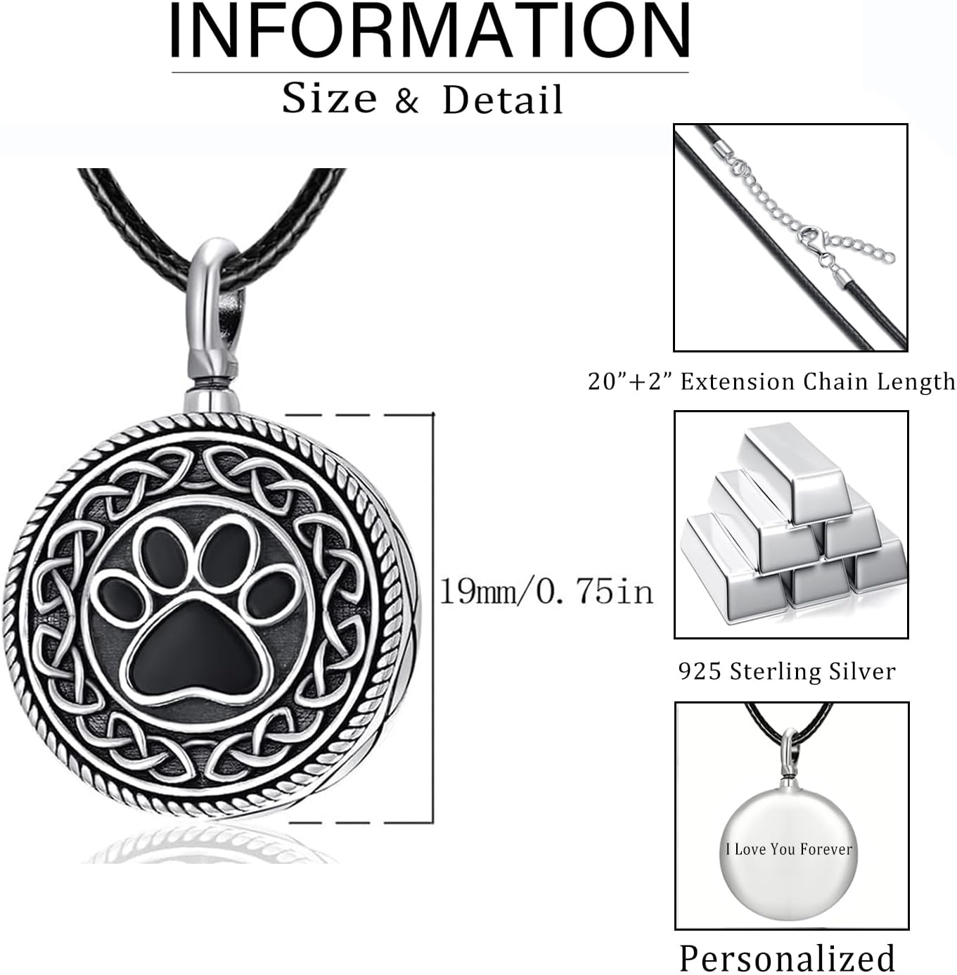 Dreamboat Pet Urn Necklace for Dog Cat Ashes 925 Sterling Silver Paw Print Cremation Keepsake Pendant Celtic Knot Memorial Jewelry Gifts for Women Men