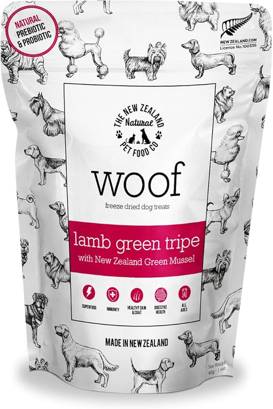 WOOF Lamb Green Tripe Freeze Dried Raw Dog Treats with Added New Zealand Green Mussel - High Protein, Natural, Limited Ingredient Topper or Treat 1.76 oz