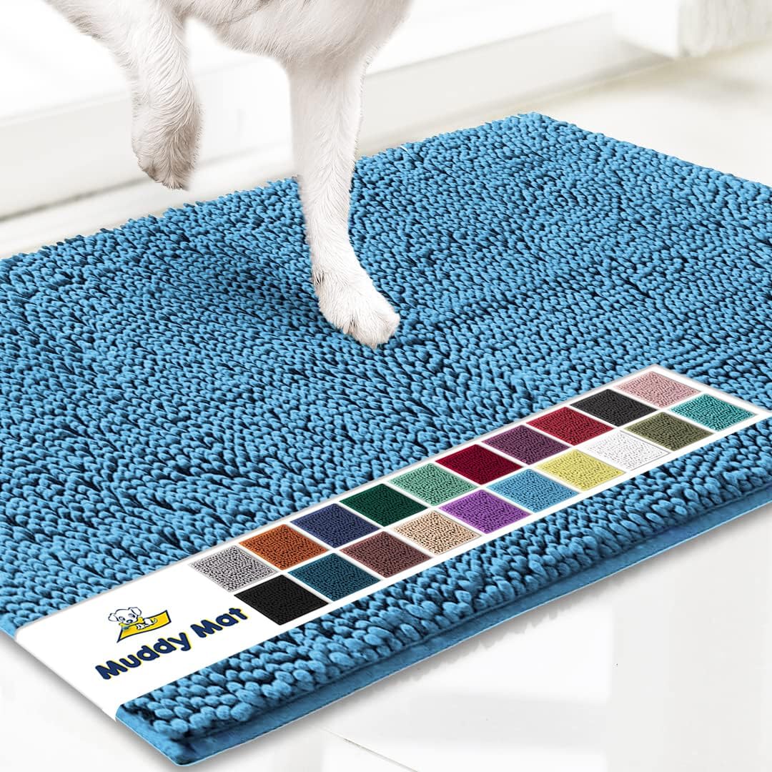 Muddy Mat® AS-SEEN-ON-TV Highly Absorbent Microfiber Door Mat and Pet Rug, Non Slip Thick Washable Area and Bath Mat Soft Chenille for Kitchen Bathroom Bedroom Indoor and Outdoor - Sky Blue 36" x 120"
