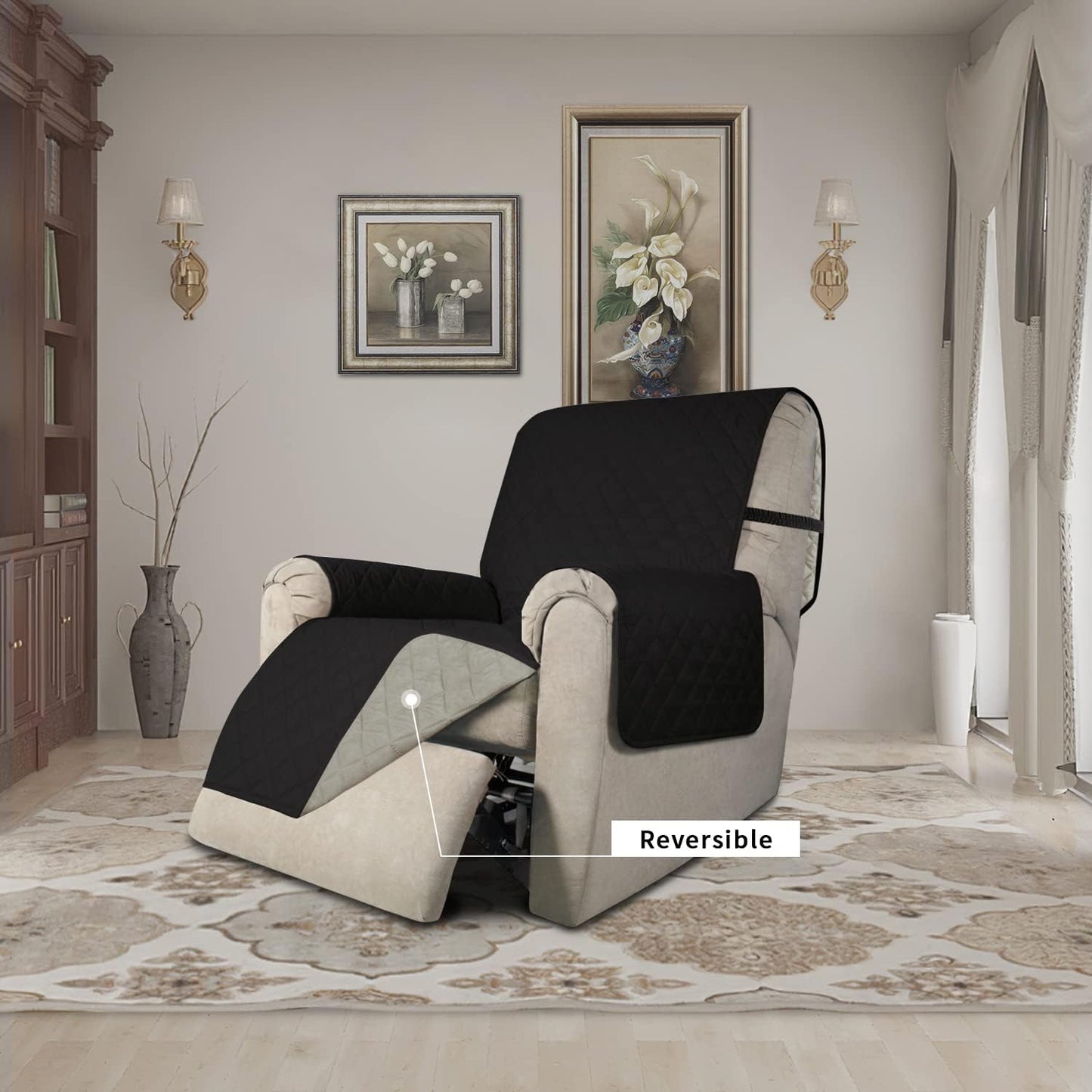 Easy-Going Recliner Chair Slipcover Reversible Sofa Cover Water Resistant Couch Cover Furniture Protector with Elastic Straps for Pets Dog (Recliner 22 inch, Black/Beige)