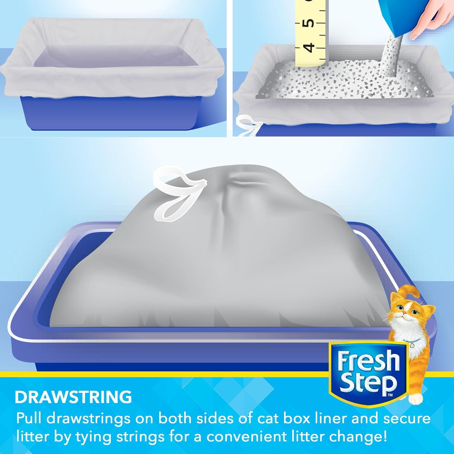 Fresh Step Drawstring Cat Litter Box Liners, Unscented - Kitty Litter Bags for Rectangle or Oval Large Litterboxes, Size Jumbo, 36" x 19" - 15 Count