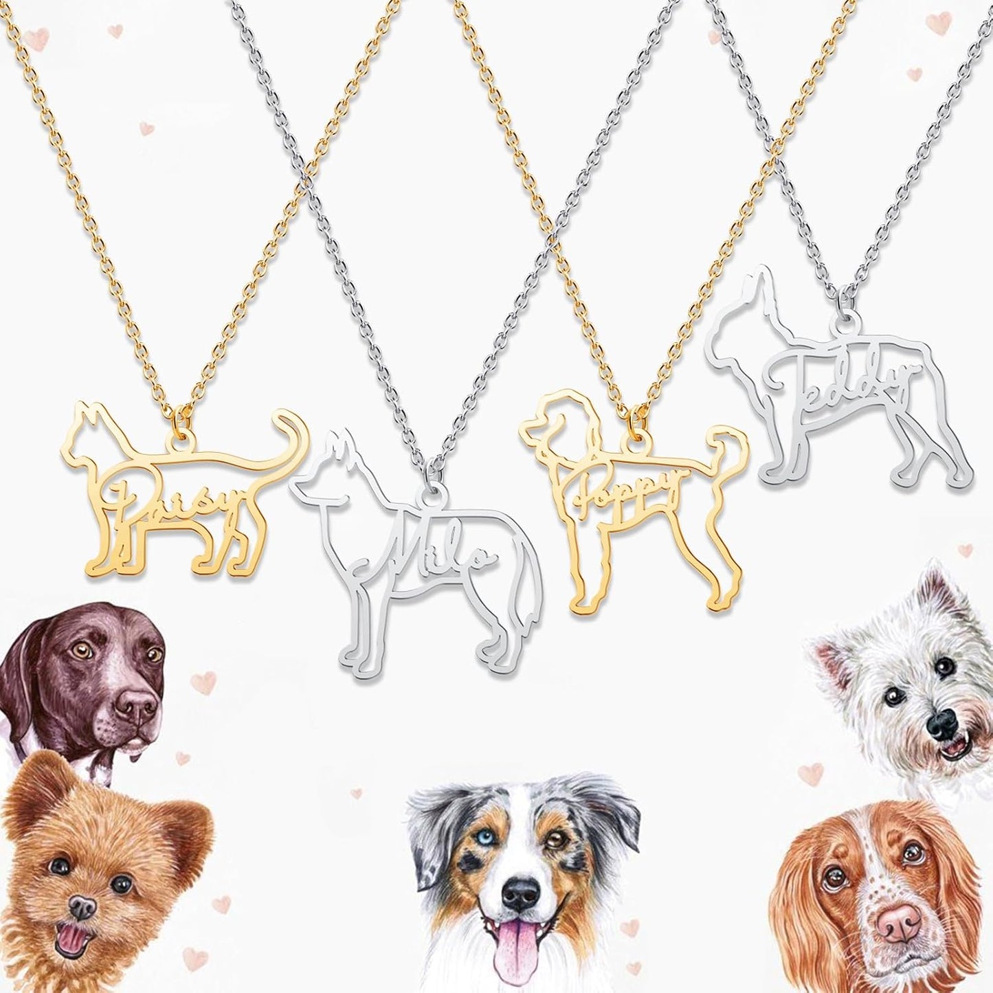 CoolJewelry Custom Dog Breeds Portrait Cat Pet Memorial Name Necklace Dainty Animal Pendant Chain Personalized Jewelry Remembrance Gifts for Dog Lover Women Girls