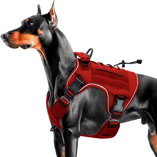 Heavy-Duty Tactical Dog Harness for Large Dogs, No Pull Adjustable Reflective Pet Vest with Molle System, K9 Military-Grade Control for Service Training, Outdoor & 10+ Breeds, Red, Large