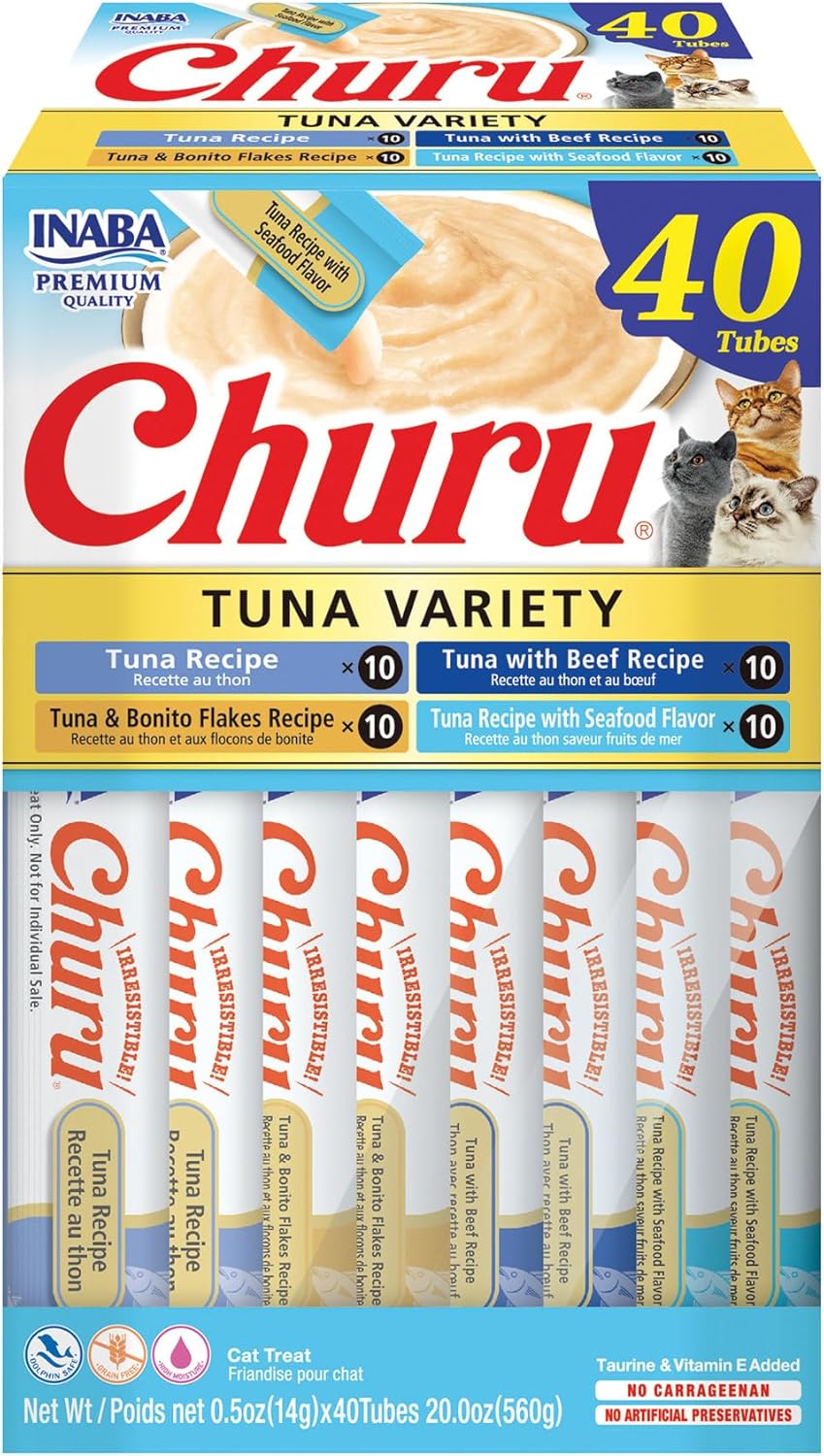 INABA Churu Cat Treats, Grain-Free, Lickable, Squeezable Creamy Purée Cat Treat/Topper with Vitamin E & Taurine, 0.5 Ounces Each Tube, 40 Tubes, Tuna Variety Box