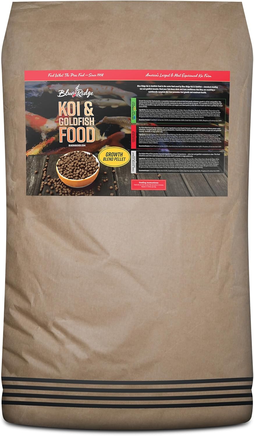 Blue Ridge Koi Fish Food 50lb - Koi Food 3/16” Large and Mini Blend Growth Formula, Goldfish Food, Premium Fish Food for Ponds, Ponds Fish Food, Floating Pond Pellets