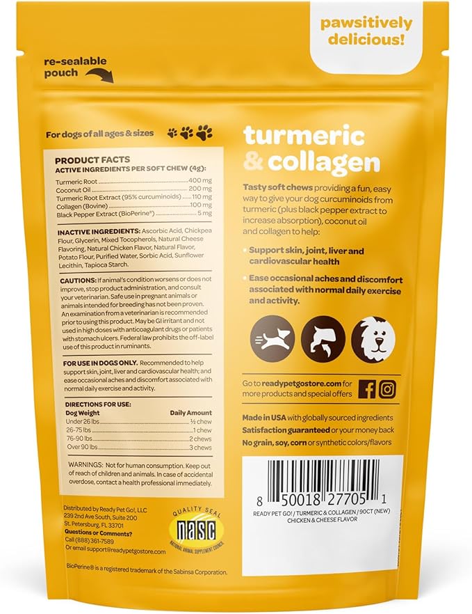 Turmeric for Dogs Soft Chews | Hip and Joint Chews for Dogs Comfort & Mobility with Collagen for Dogs | Dog Joint Supplement for All Ages Breeds & Sizes | NASC Certified & Made in The USA | 60 Chews