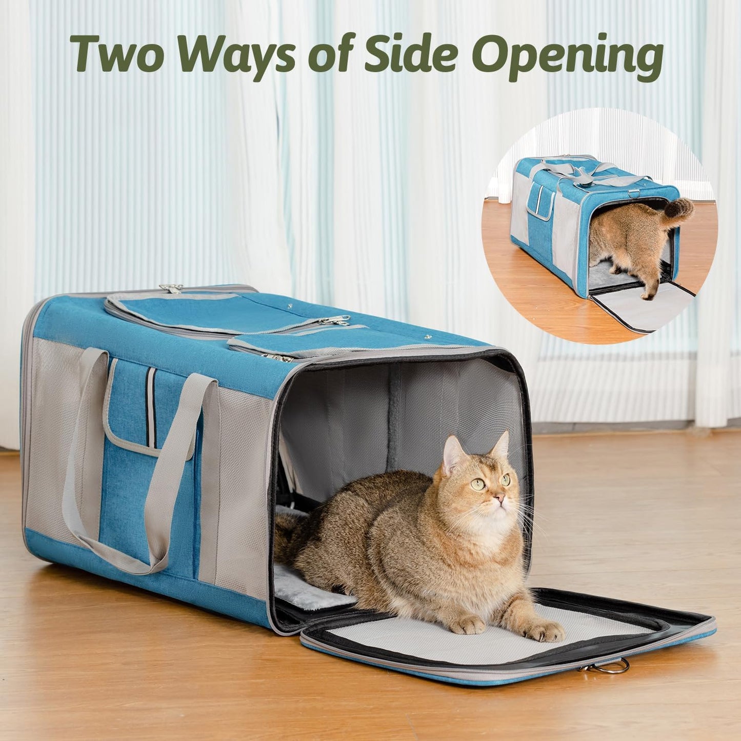 Large Cat Carrier for 2 Cats, 21.7x 13.8x 13.8in Pet Carrier for Cat and Dog Up to 38lbs, All-Sided Mesh Cat Carrier with Great Ventilation, Portable Soft Sided Pet Carrier for Traveling(Blue)