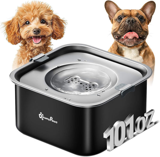 DownyPaws No Spill Water Bowl for Dogs,101oz/3L Slobber Stopper Stainless Steel, Slow Drinking Dog Water Bowl, No Mess Dog Water Dispenser Spill Proof, Dishwasher Safe, Black