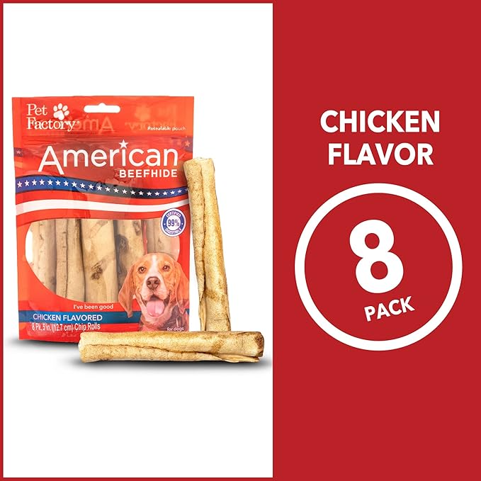 Pet Factory American Beefhide 5" Chip Rolls Dog Chew Treats - Chicken Flavor, 8 Count/1 Pack