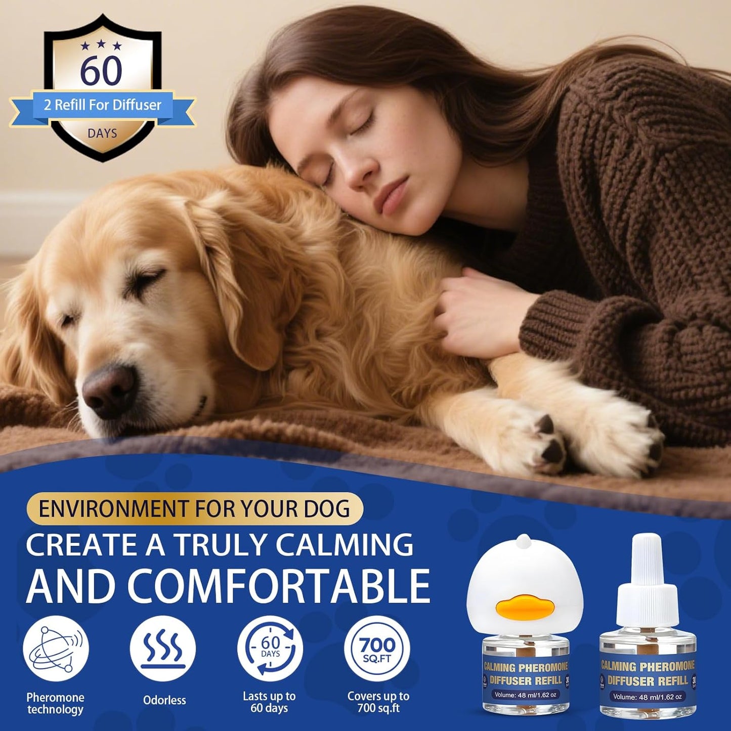 Dog Pheromone Calming Diffuser: Relaxing Pheromone Diffuser for Dogs Relief Stress Anxiety Fighting Scratching Barking, Dog Calming Pheromone Diffuser Kit with 1 Plug in Diffuser+2 Refill 48ml (3in1)