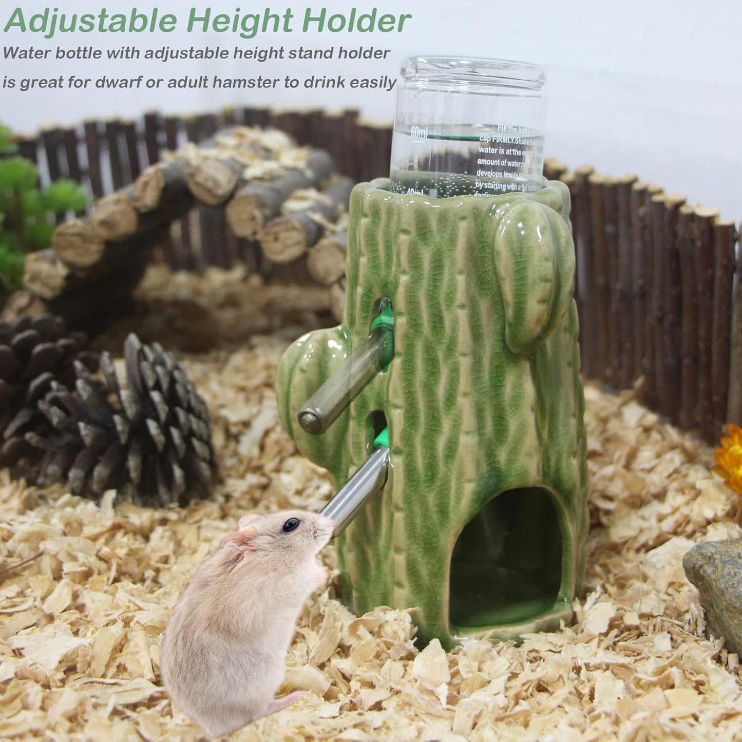 Hamster Water Bottle for Glass Tank, 3-in-1 Adjustable Ceramic Cactus Water Bottle Stand with Holder Dispenser 80ML No Drip for Syrian Dwarf Mice Rat Gerbil Guinea Pig