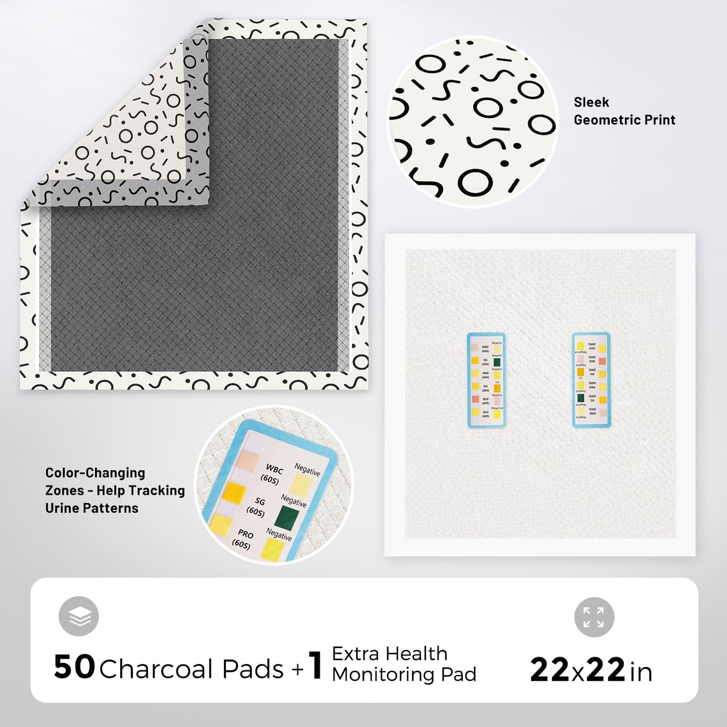 Charcoal Puppy Pee Pads for Dogs, 22"x22" 50 Counts + 1 Extra Health Monitoring Pad - Disposable Dog Potty Training Pads, Odor-Control, Super Absorbent & Leak-Proof
