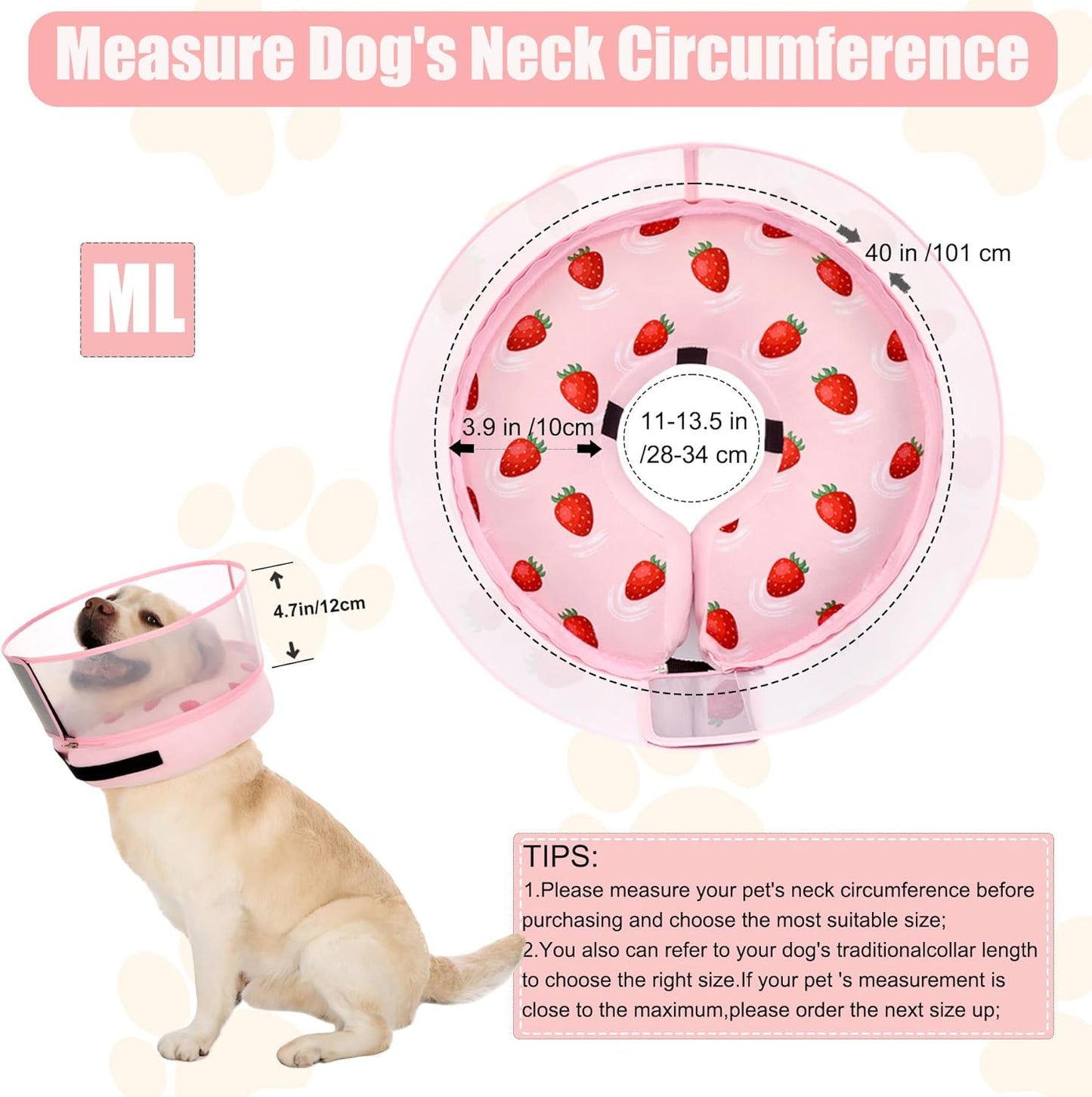 Inflatable Dog Cone Collar for Large Medium Small Dogs, Soft Dog Donut Collar Adjustable Recovery Cone for Pets After Surgery, Extra Enhanced Anti-Licking Guard Shield (Strawberry Print, Medium Plus)