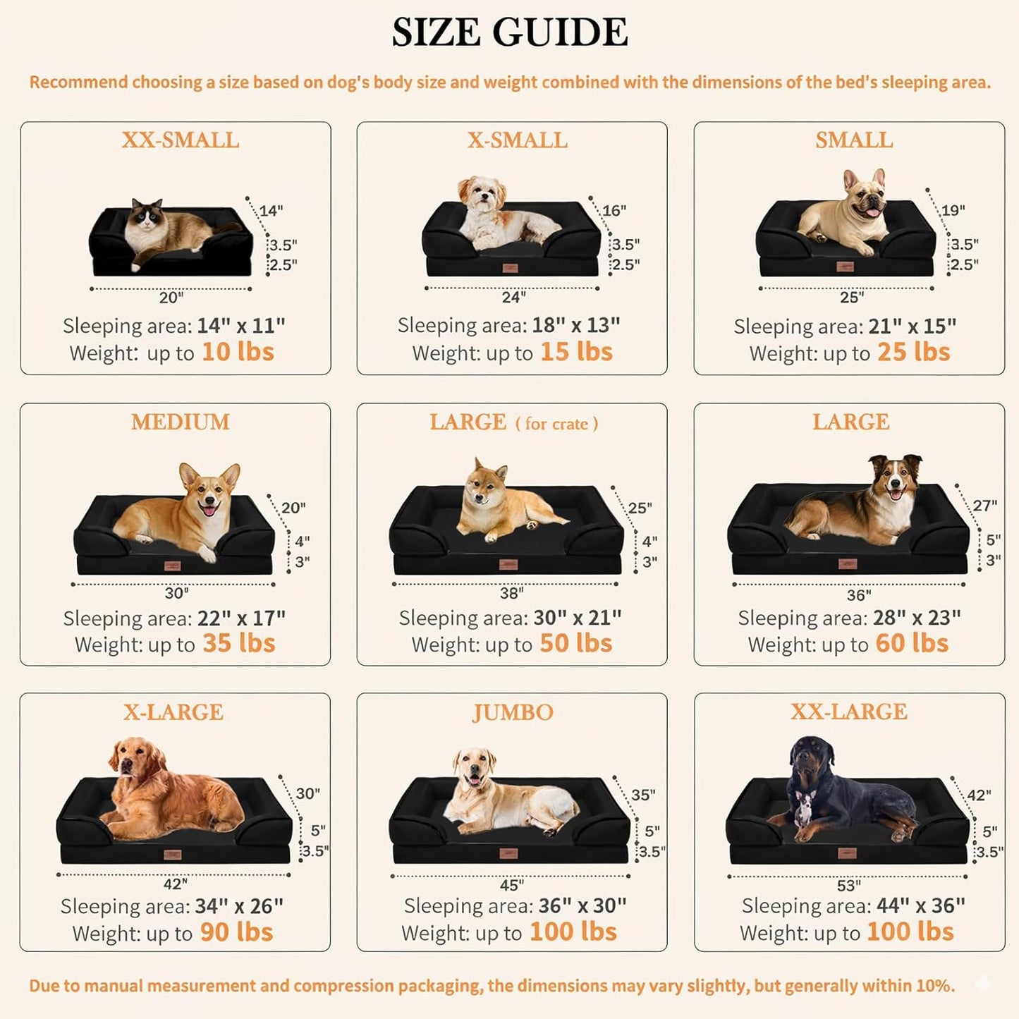 Comfort Expression Orthopedic Dog Bed for Large Dogs 36x27 Inch, Waterproof Supportive Egg Crate Foam Large Pet Bed with Removable Bolsters, Dog Couch with Washable Cover & Non-Slip Bottom, Black