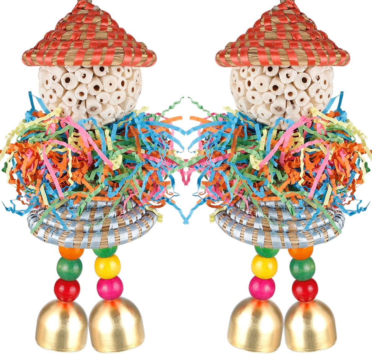 2PCS Bird Toys Parrot Foraging Shredder Hanging Toys Sola Balls with Bell for Small Parrots Parakeets Cockatiel Conures Love Birds Budgie Cage Toy