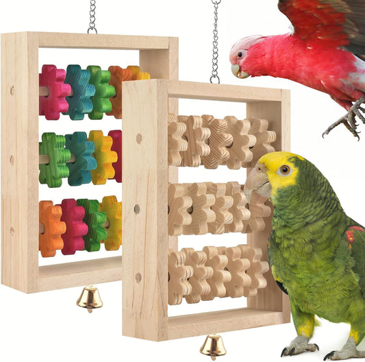 2Pcs Bird Toys, Hanging Parrot Chew Toy, Natural Wooden Chewing Puzzle Training Blocks Intellectual Development for Budgie, Conure, Lovebird, Cockatoo, African Grey, Amazon Parrots, Macaw
