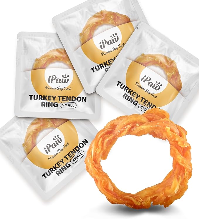 iPaw Turkey Tendons for Dogs, 100% Turkey and US Sourced Raw Material, Hypoallergenic, All Natural Human Grade Puppy Chew, Rawhide Alternative Dog Treats, 4 Units/Pack Ring (Small)