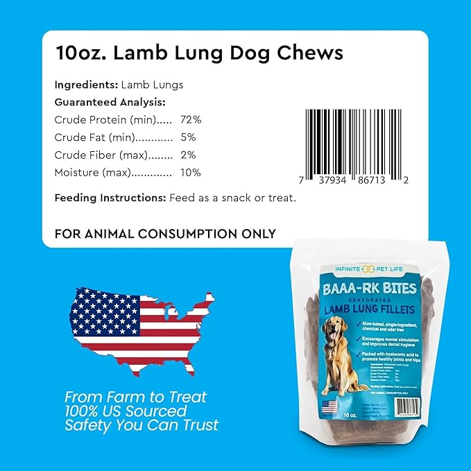 Infinite Pet Life BAAA-RK Bites Lamb Lung Dog Treats | 10oz | Made in USA | Dehydrated Lungs for Dogs