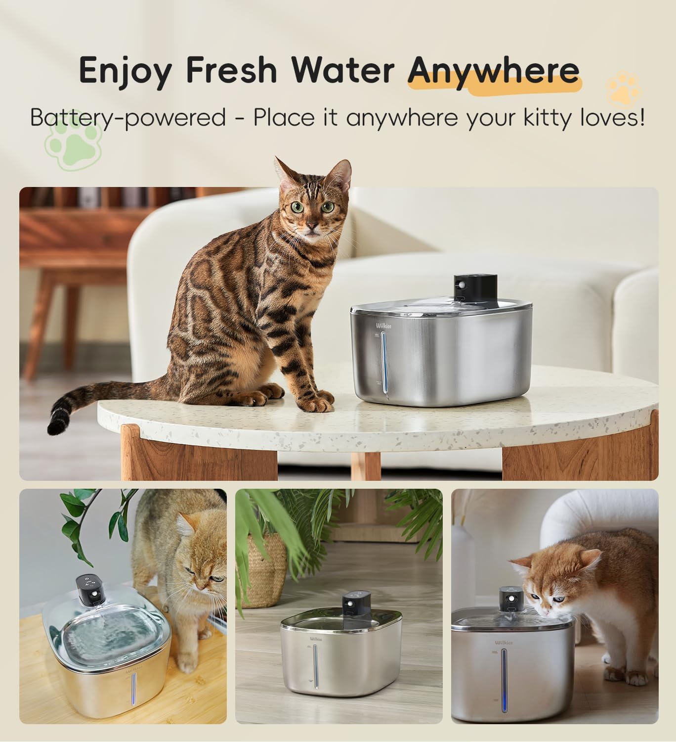 Cat Water Fountain Stainless Steel, 138fl.oz / 4.1L Wireless Cat Fountain, Pet Water Dispenser Cordless for Cats & Dogs Indoor