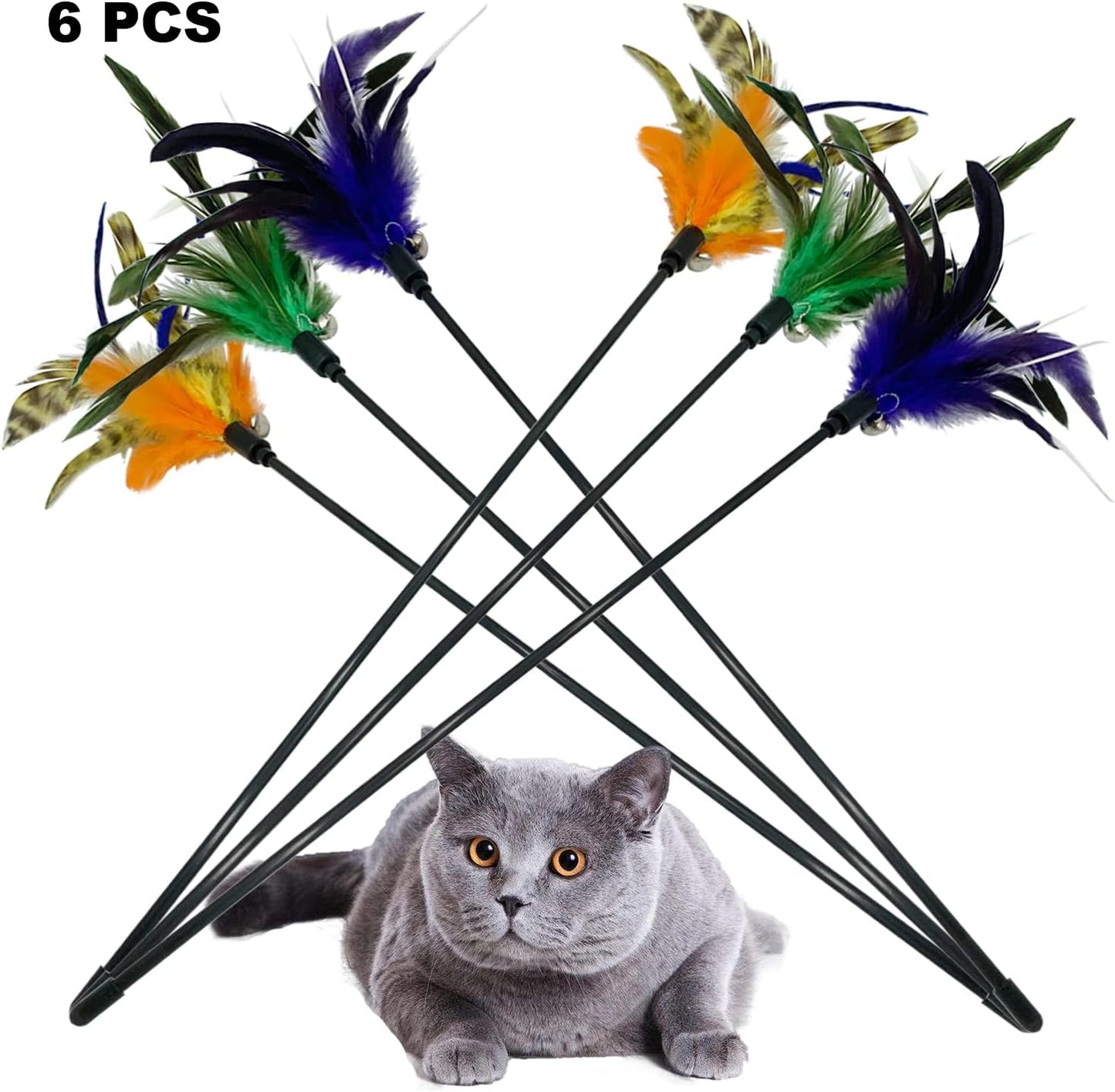 Cat Wand Toy Feather Stick Cat Toys, 6 Pieces Interactive Cat Toy Feathers Wand for Indoor Cats (C)
