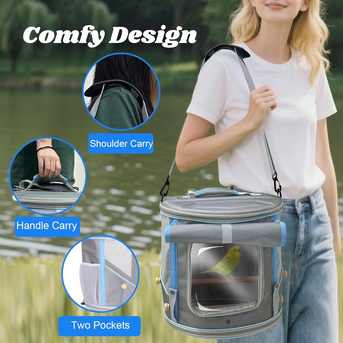 Bird Carrier with Clear Windows, Large Size, Portable Handle, 10 Ventilation Holes, Wooden Perch, Metal Tray, Side Access (Grey Oxford, Medium)