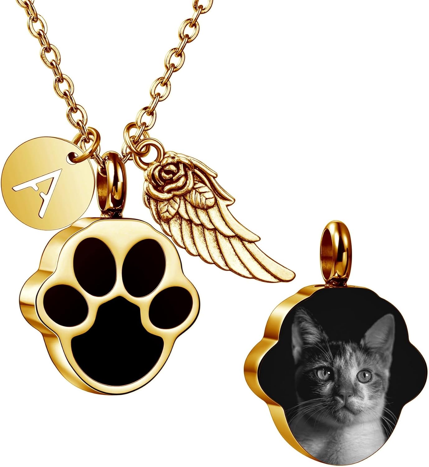 MeMeDIY Personalized Heart Paw Print Ashes Urn Pendant Necklace Custom Name/Photo/Date for Women Men Pet Lover Stainless Steel Memorial Dog Cat Pet Keepsake with Funnel Fill Kit Angel Wing