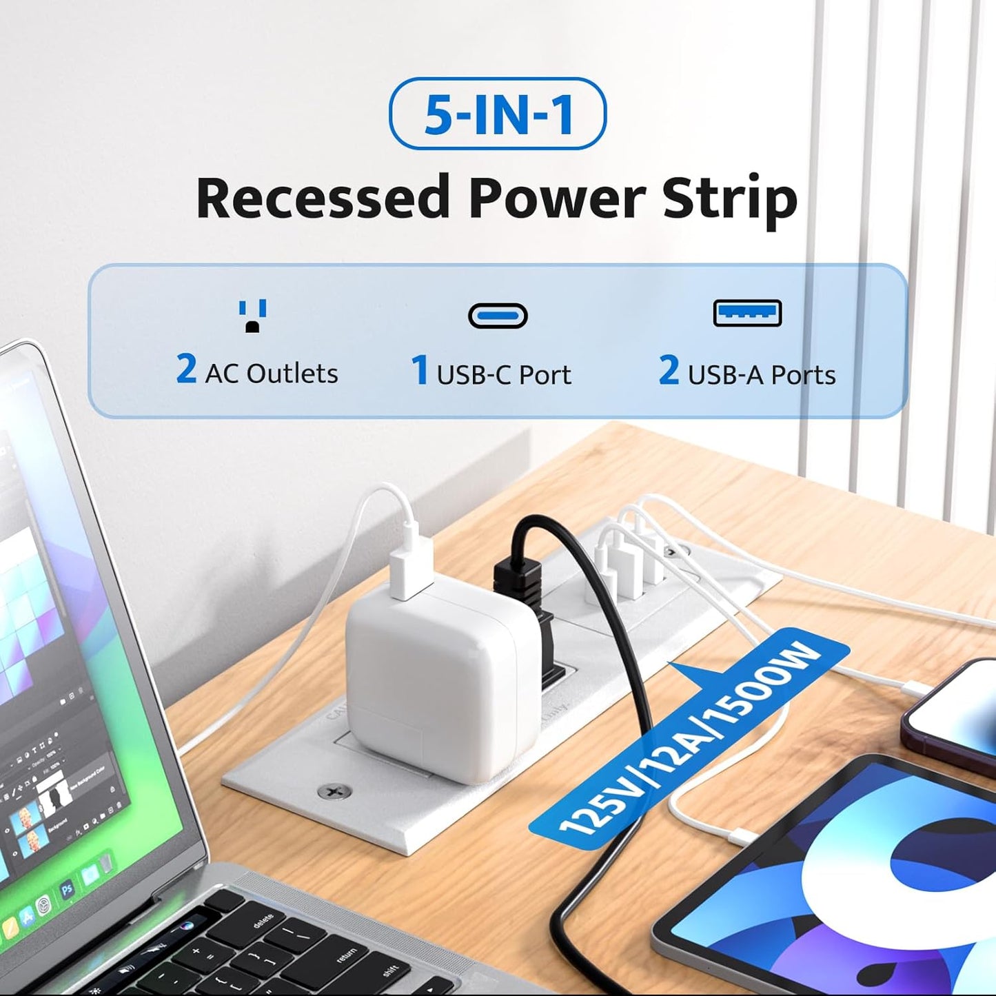 DOACE Recessed Power Strip with 18W USB C Fast Charging Conference Recessed Outlet,Space-Saver for Furniture Side Table,2 AC Outlets,3 USB Ports,6ft Cord, 45° Thin Flat Plug, White