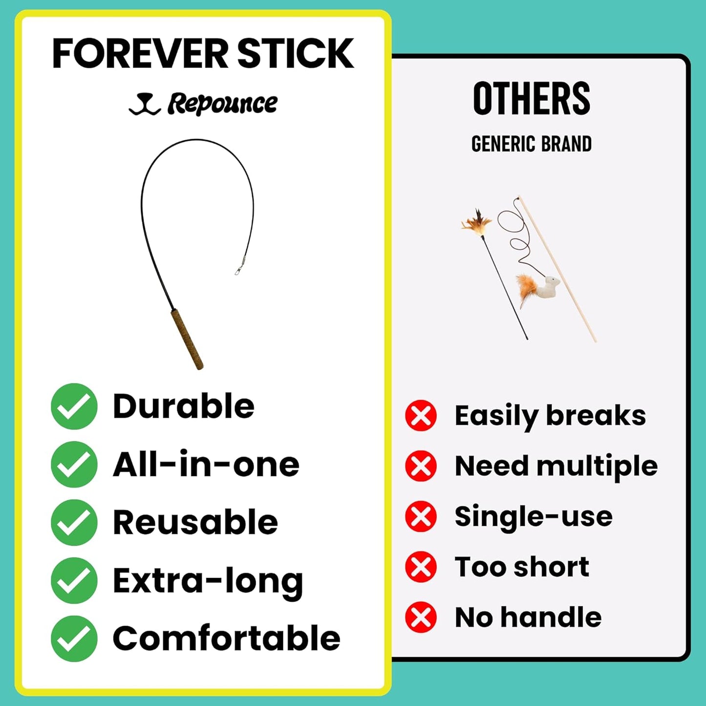 Forever Stick 3 Pack - The Unbreakable Cat Toy Wand, Extra Long Durable Interactive Cat Toy for Indoor Cats, Feather Kitten Toys for Bored Indoor Adult Cats, Bird Teaser Cat Accessories