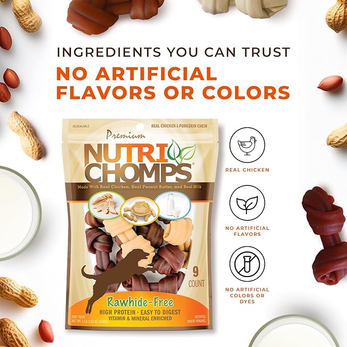 NutriChomps Dog Chews, 4-inch Knots, Easy to Digest, Rawhide-Free Dog Treats, 9 Count, Real Chicken, Peanut Butter and Milk flavor