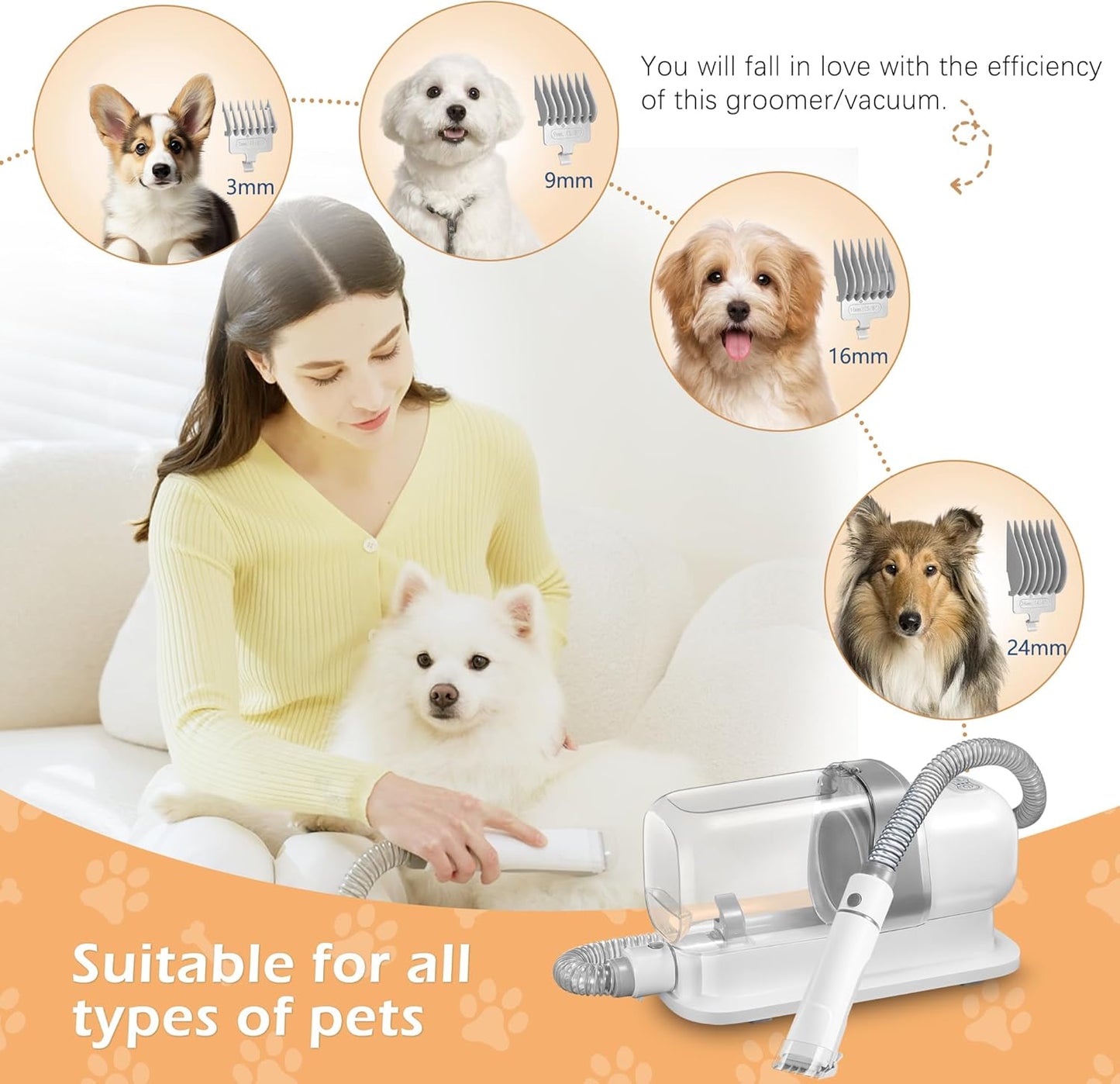 Dog Grooming Vacuum, Pet Grooming Vacuum Kit 2.3L Suction 99% Pet Hair with 5 Tools for Dog Cat for Shedding Grooming, Low Noise (Grey & White)