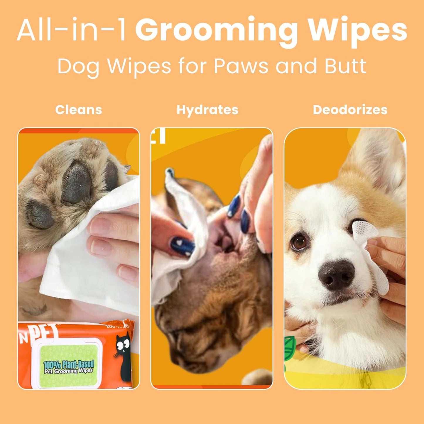 PET N PET 100% Plant Based Dog Wipes for Paws and Butt, 100 Counts Hypoallergenic Unscented Dog Pet Wipes, 8" x 8"