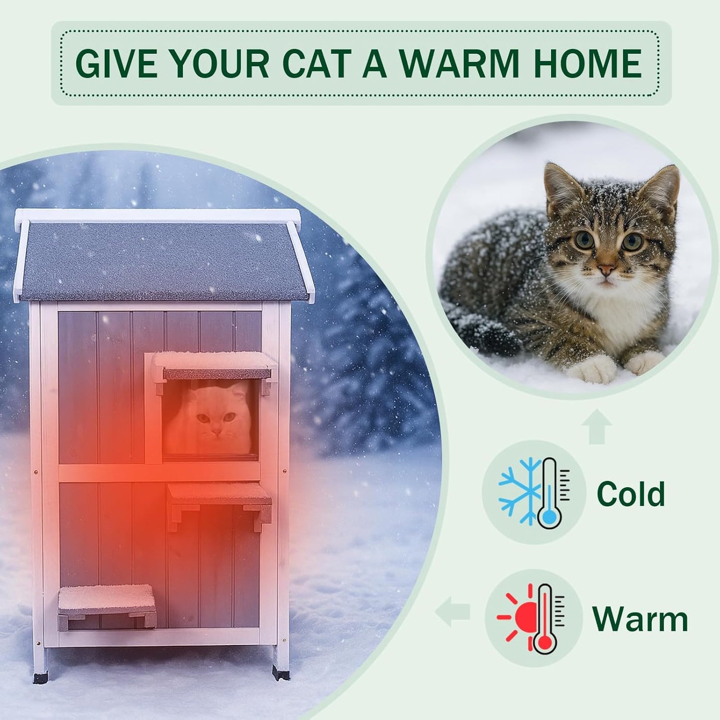GEGURI Outdoor Cat House Winter-Proof, Two-Story Insulated Cat Shelter for Feral Cats with Thermal Layer, Removable Roof, Balcony & Escape Door, Weatherproof & Warm Shelter for Cats