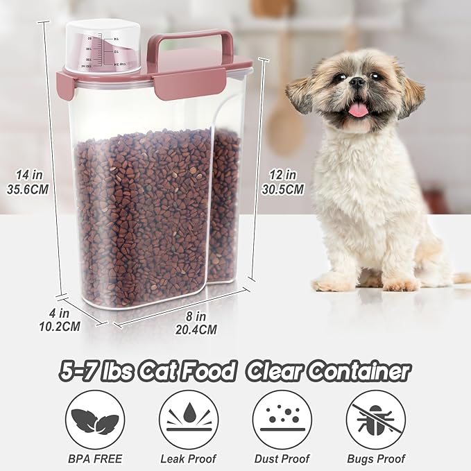 5-7Lbs Cat Dog Storage Container, Portable Pet Food Containers with Upgraded Large Spout and Cup, Small Animal Kibble Dispenser for Bird Seed, Oatmeal, Rice, Flour (2, Pink, 5L)