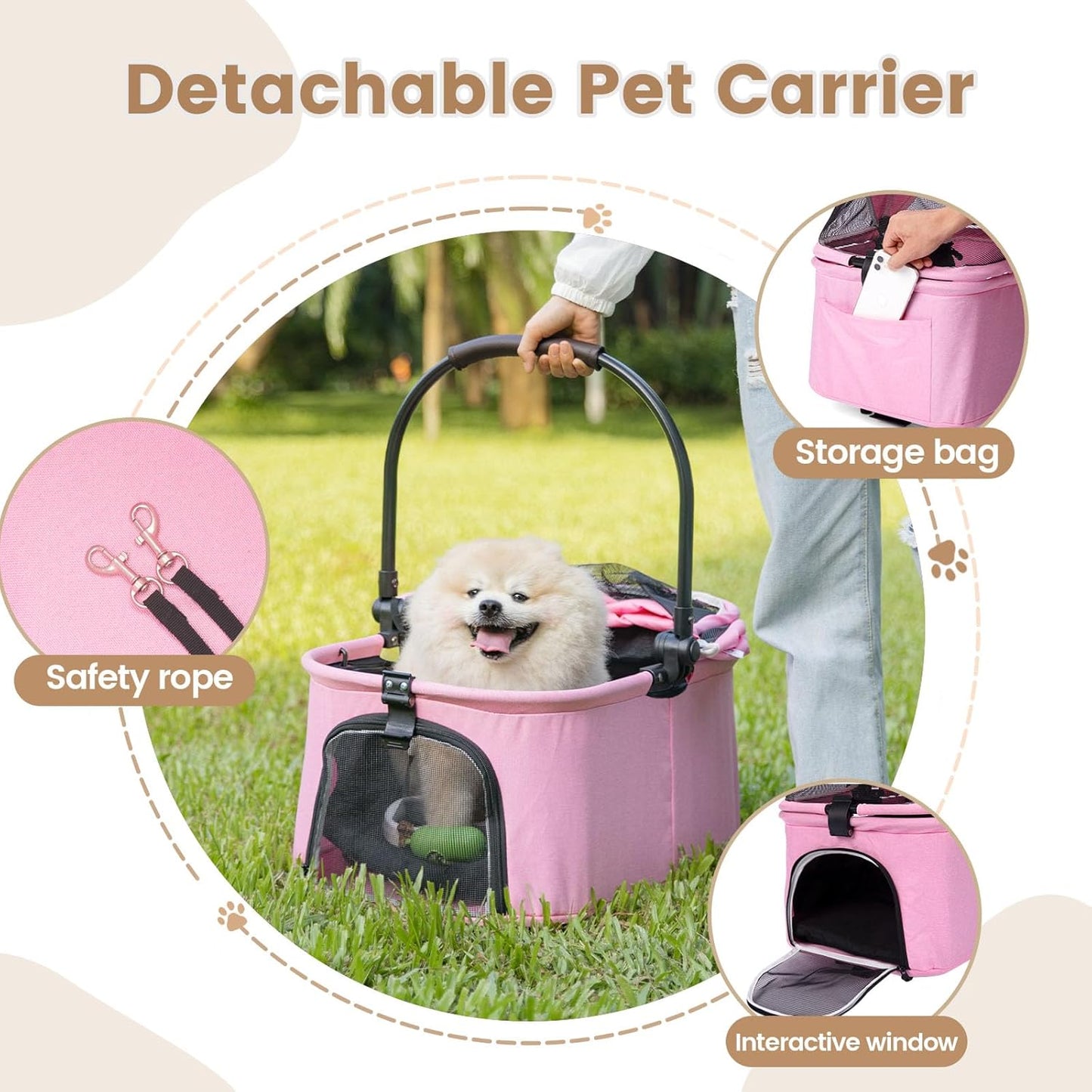 Pet Stroller, 4 Wheels Pet Strolling Cart for Medium/Small Dogs and Cats, Foldable Cat Jogger/Dog Stroller with Cup Holder, Storage Basket, Breathable Mesh, All-Season Pet Carrier (Pink)
