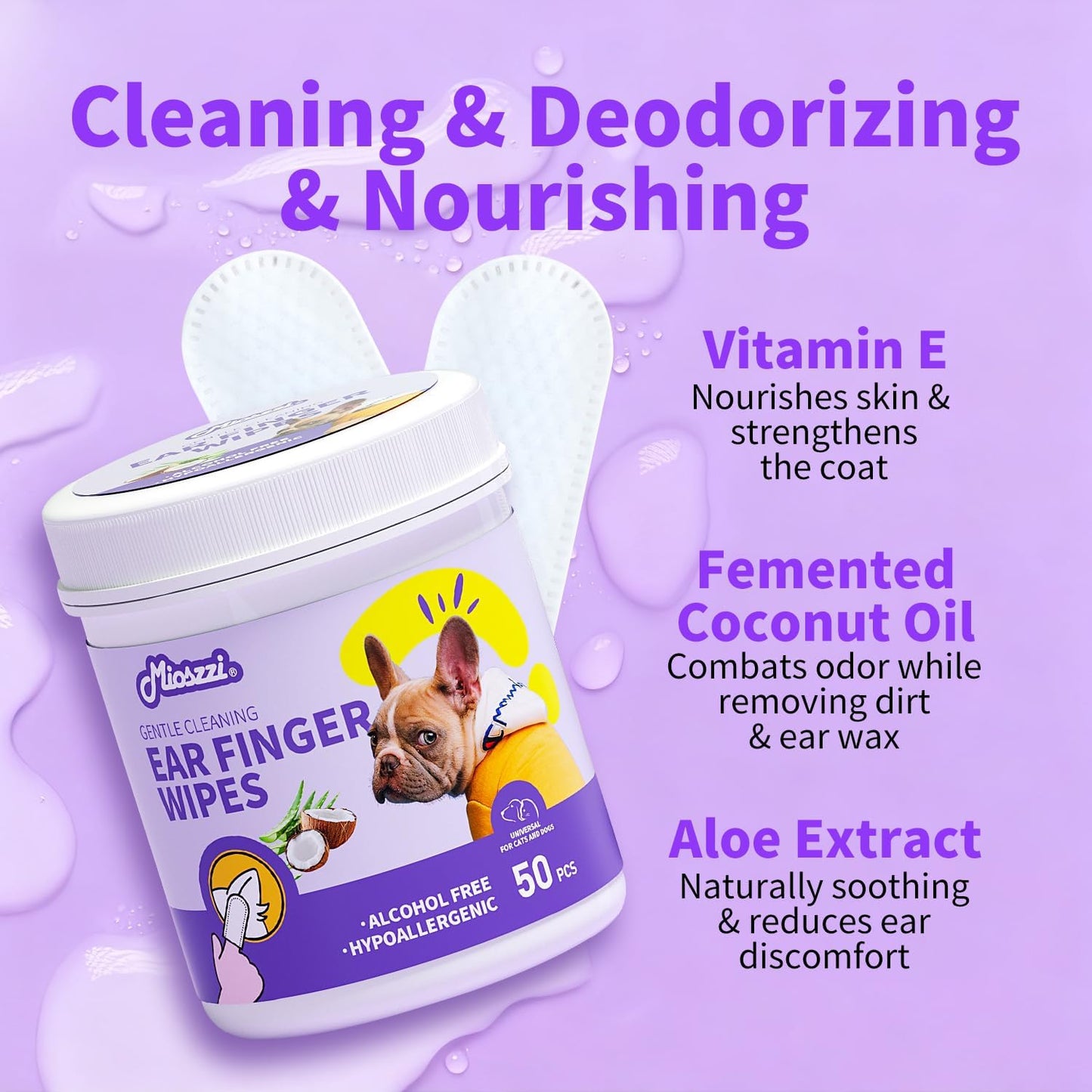 MIOSSZI 250ct Pet Finger Wipes for Dogs & Cats - Dog Ear Cleaner for Itch Relief Remove Wax & Odor, Dog Ear Cleaning Finger Wipes-Pet Ear Finger Wipes