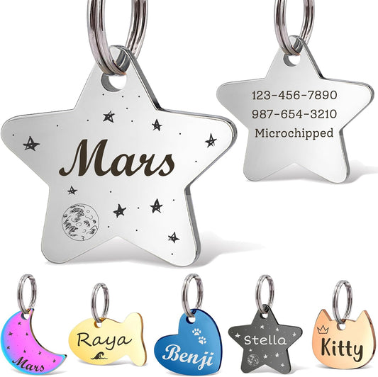 Anavia Small Size Dog Cat ID Tags, Small/XS Personalized Color Plated Stainless Steel Puppy Kitten Name Tags, Customized Engraved Nameplate Pet Collar Tag (Silver, Star)