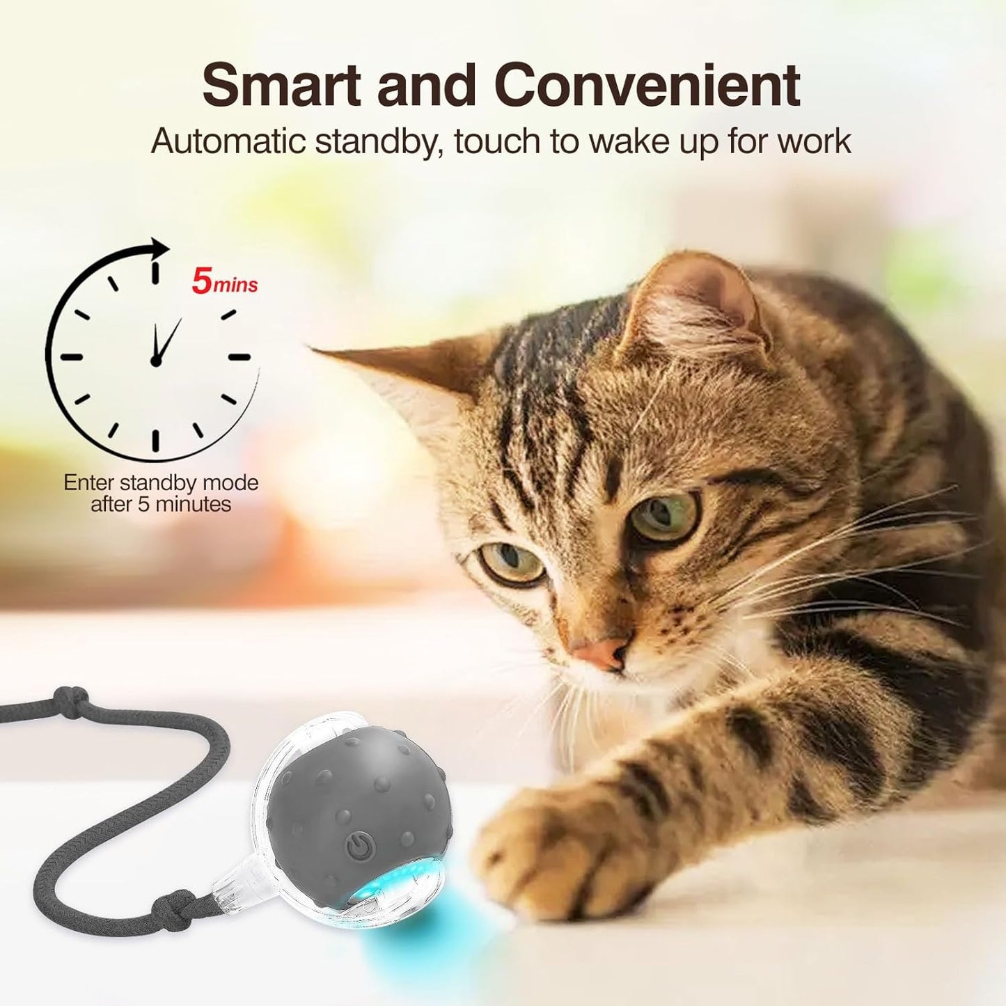 Electric Interactive Cat Toy Ball - Automatic Rolling Silicone Cat Toys for Indoor Cats, Durable Chew-Proof Motorized Kitty Ball with LED Light, Fun Exercise Toys for Bored Kittens（Grey）