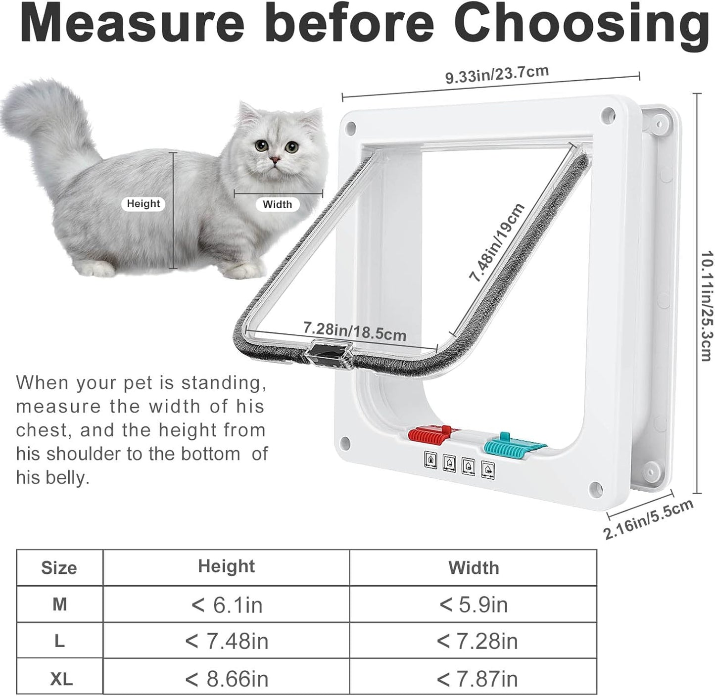 Cat Door, Safety Pet Door with 4 Way Lock, Weatherproof & Easy Installation Cat Flap Door for Interior Exterior Door, Window, Wall(Large, 7.28in x 7.48in Flap)