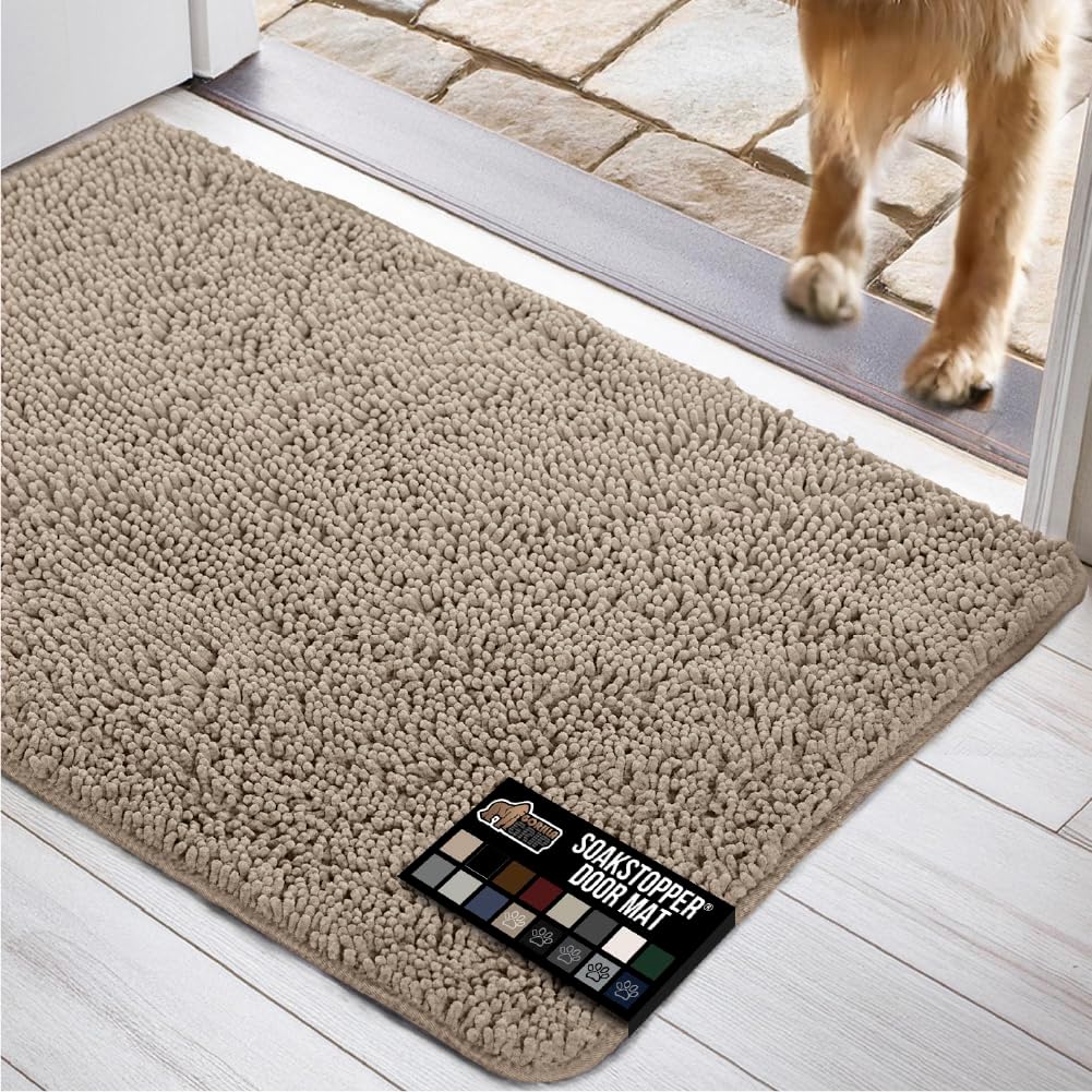GORILLA GRIP Dog Doormat, Absorbent Doormats for Muddy Dogs Paws, Machine Washable Soakstopper Rugs, Cleaner Floors, US Designed Pet Bed Door Mat, Indoor Entrance Pets Rug, Mats 30x18 Beige