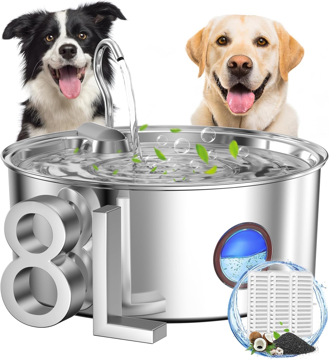 Dog Water Fountain for Large Dogs- 8L/270oz Stainless Steel Dog Fountain Dispenser Automatic Pet Water Bowl with Ultra-Quiet Pump/Quadruple Filtration for Large Pups Cats & Multi-Pet