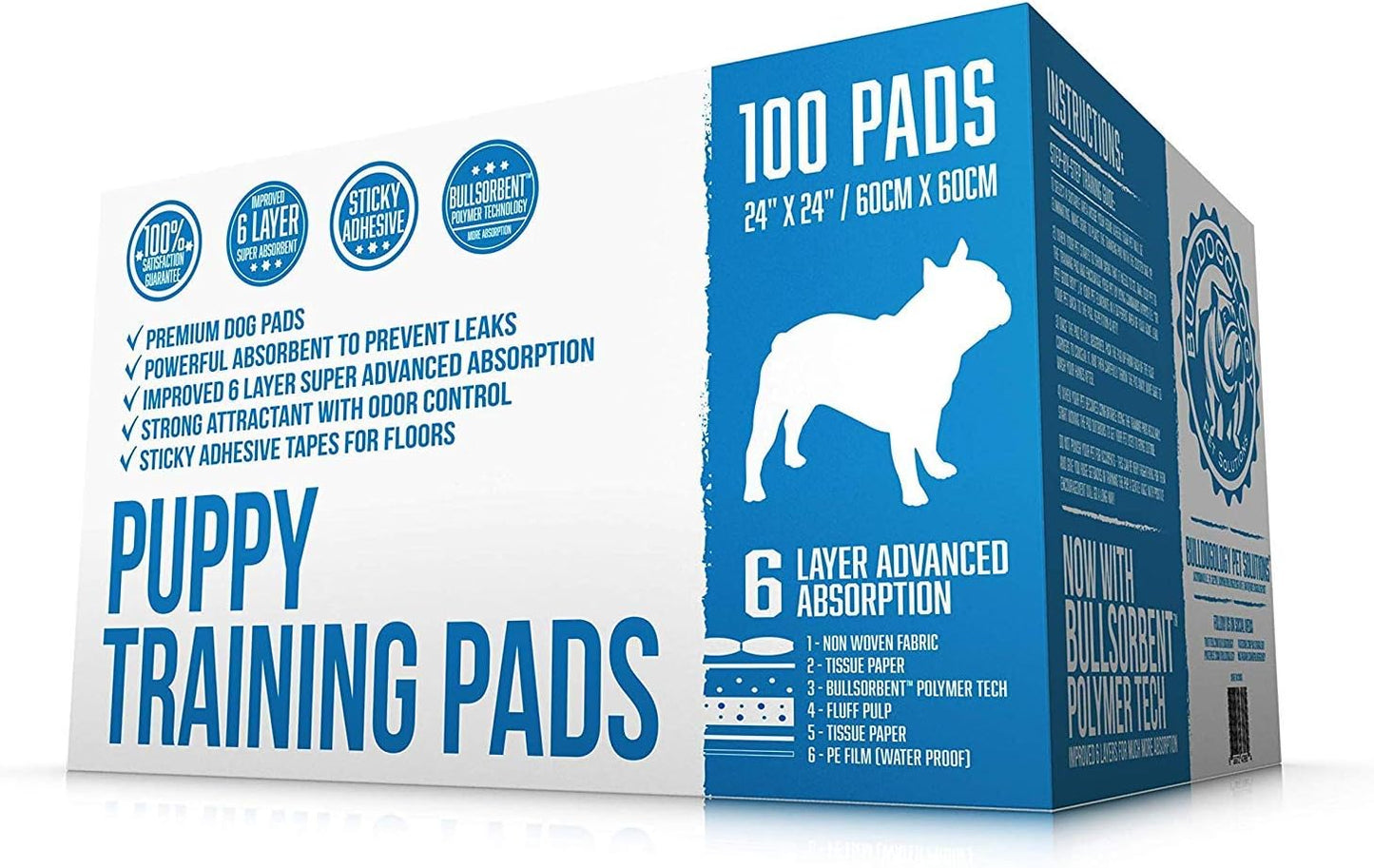 Bulldogology Puppy Training Pads - Pee Pads with Adhesive Sticky Tape (24x24) Large Dog Training Wee Pads with 6 Layer Extra Quick Dry Bullsorbent Polymer Tech (100-Count, White)