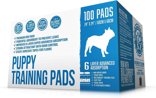 Bulldogology Puppy Training Pads - Pee Pads with Adhesive Sticky Tape (24x24) Large Dog Training Wee Pads with 6 Layer Extra Quick Dry Bullsorbent Polymer Tech (100-Count, White)