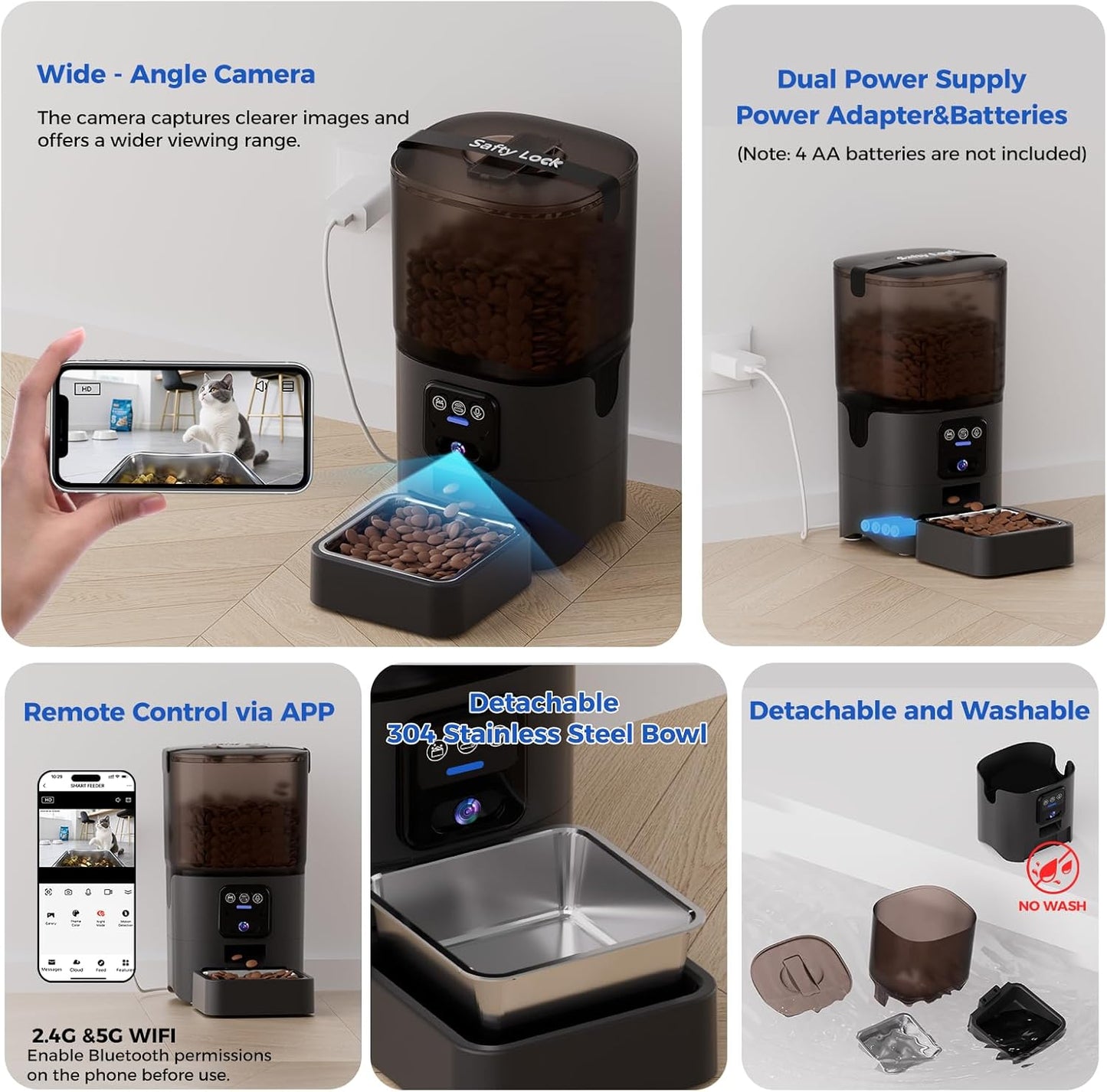 PAPIFEED Automatic Cat Feeder,Camera 1080P HD - 6L Pet Feeder, 2.4/5G WiFi Smart App Control, Bluetooth Assist Link,Wide-Angle Lens,Automatic Feeder for Small and Medium-Sized Pets (Wide Angle Video)