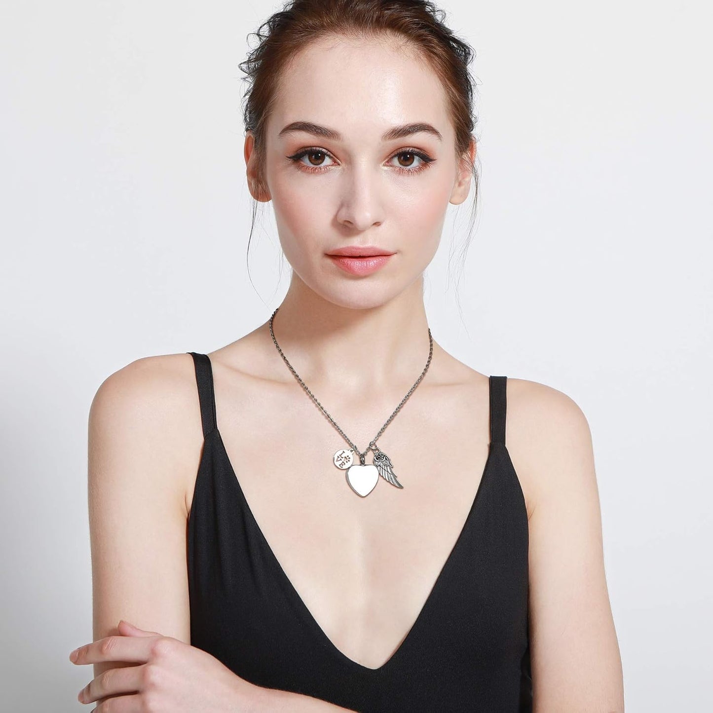 MeMeDIY Personalized Heart Paw Print Ashes Urn Pendant Necklace Custom Name/Photo/Date for Women Men Pet Lover Stainless Steel Memorial Dog Cat Pet Keepsake with Funnel Fill Kit Angel Wing