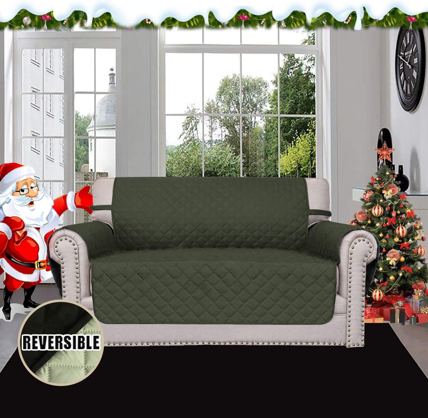 Easy-Going Reversible Loveseat Couch Cover for 2 Cushion Couch Sofa Cover for Dogs Water Resistant Furniture Protector with Foam Sticks Elastic Straps for Pet (Loveseat, Army Green/Beige)