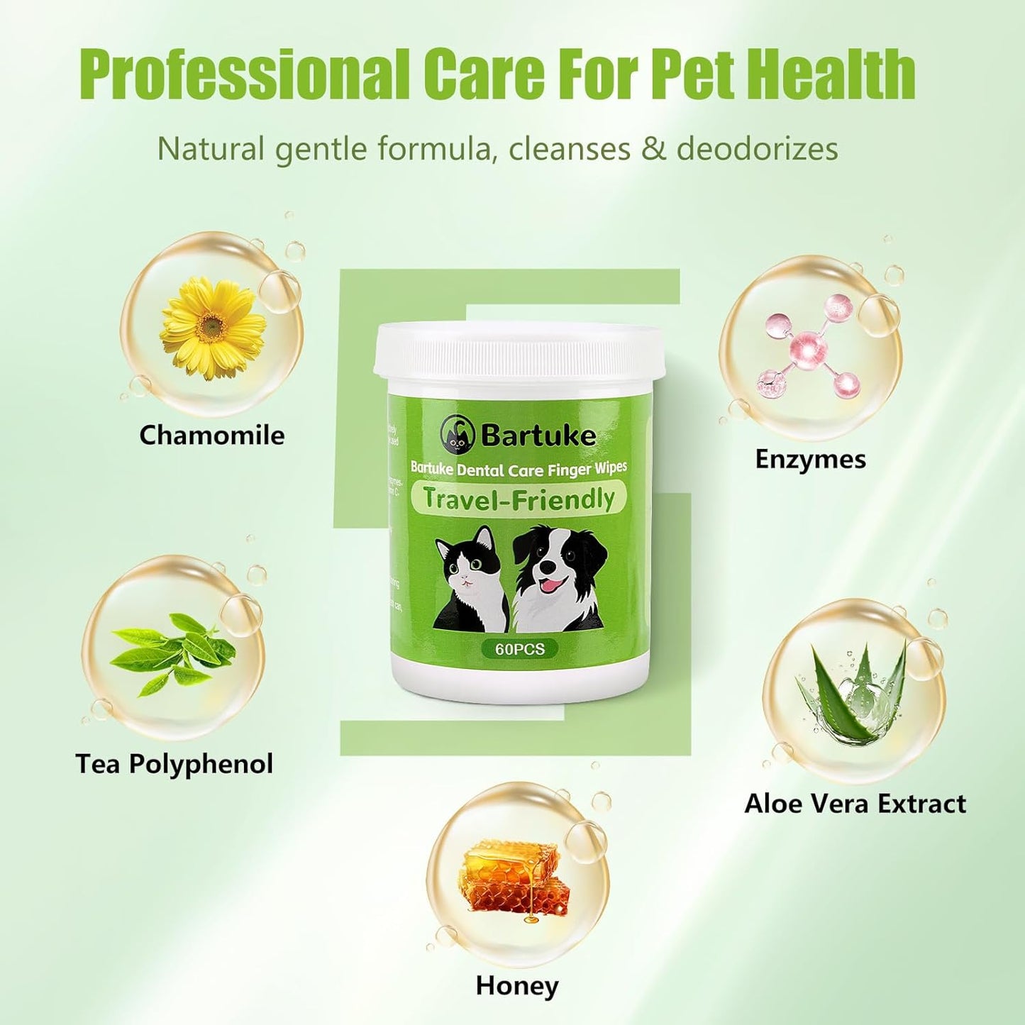 Pet Dental Care Finger Wipes, 60 Counts Teeth Cleaning Finger Wipes for Dogs & Cats, Reduces Plaque & Tartar Disposable Gentle Cleaning & Gum Care Pet Wipes