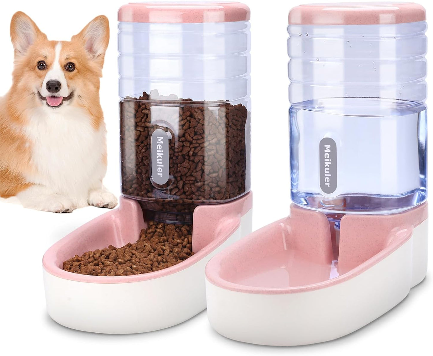 Meikuler Automatic Dog Cat Feeder and Water Dispenser Set,Waterer and Gravity Food Feeder for Small & Medium Dogs Cats Puppies,Large Capacity 1 Gallon x 2(Pink)