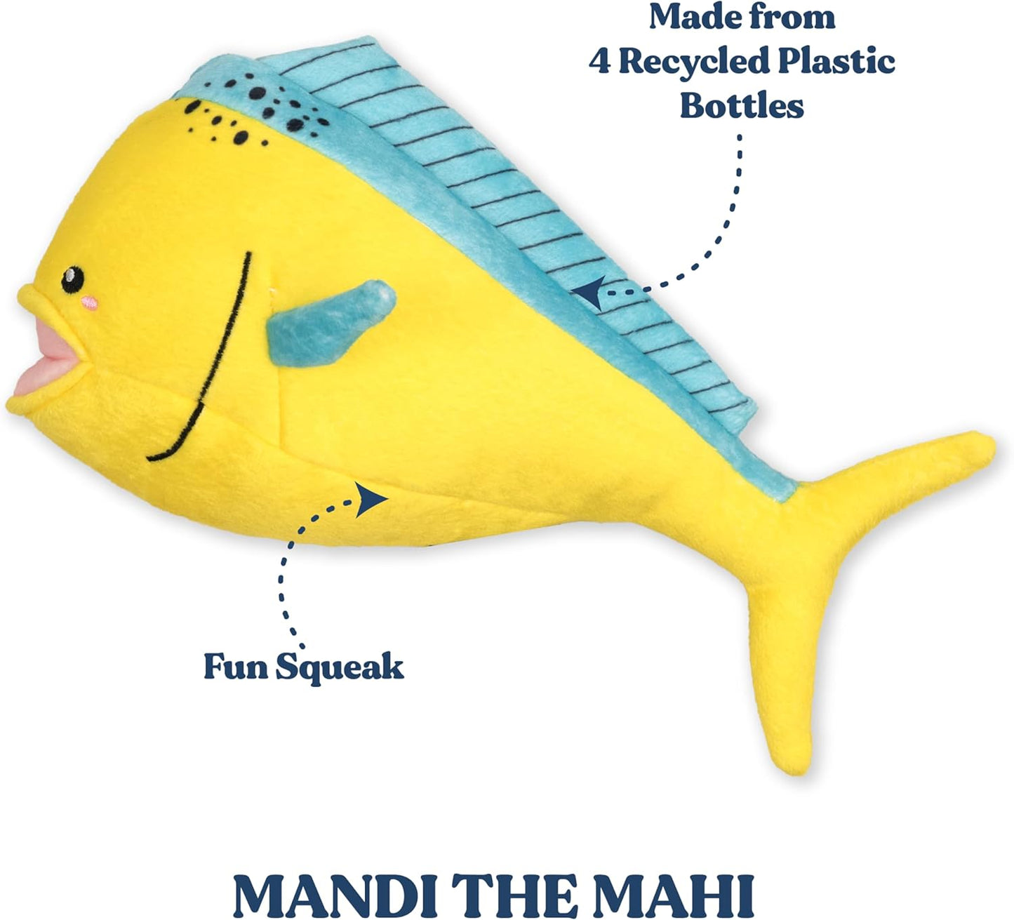 Ocean Collection Dog Toys | Jumbo Sized Mandi The Mahi Mahi | Cute, Durable, & Sustainable Plush Chew Toys for Dogs 50 lbs & up | Eco Friendly & 100% Recycled Materials