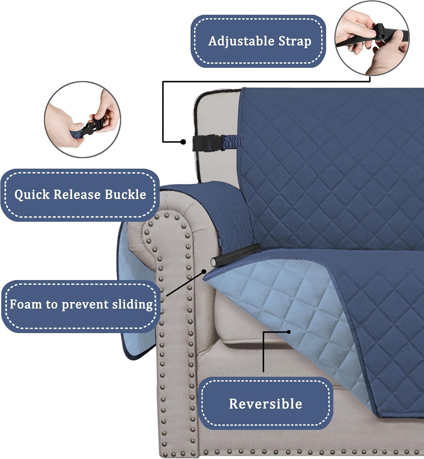 Easy-Going Reversible Chair Cover Washable Sofa Cover for Dogs Water Resistant Couch Slipcover Furniture Protector Cover with Adjustable Straps for Pets (Chair 30 in, Dark Blue/Light Blue)